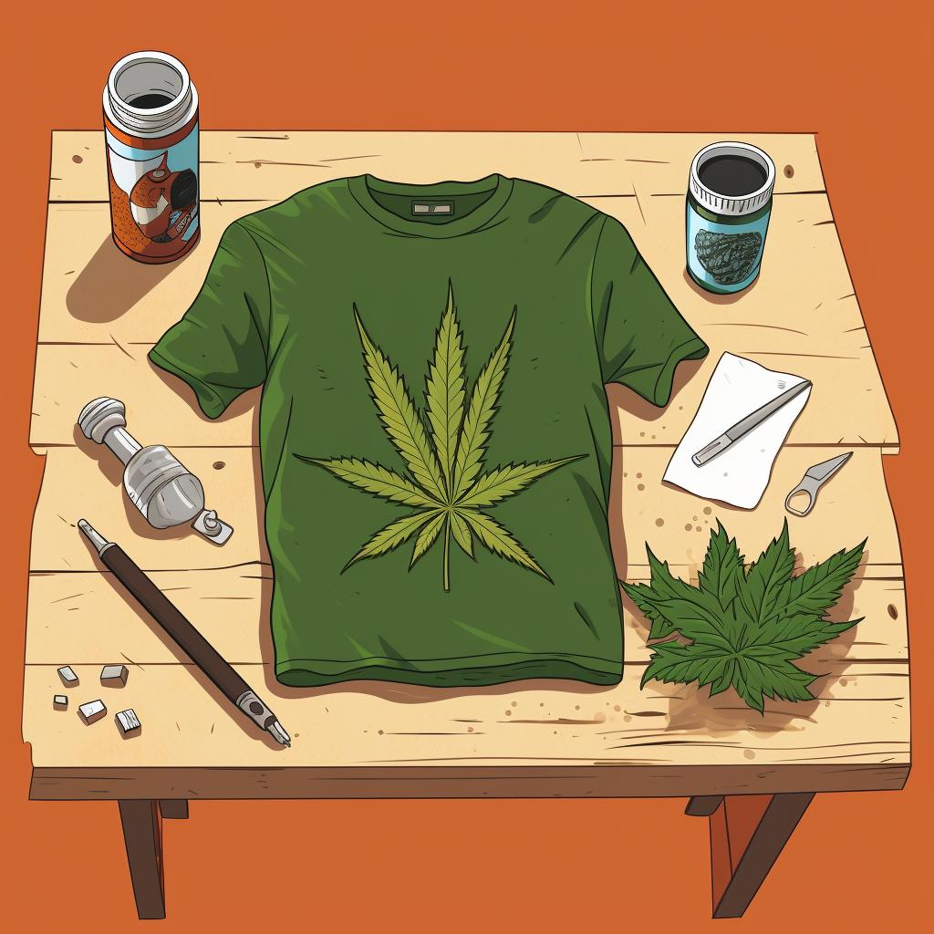 Materials laid out on a table: t-shirt, fabric paint, paintbrush, weed leaf stencil, and cardboard.