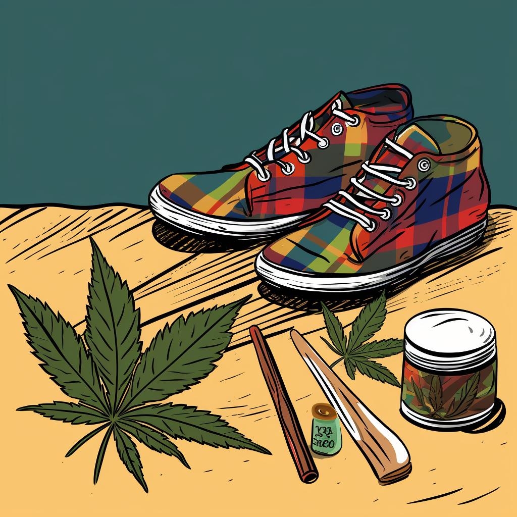 A pair of socks, fabric paint, a weed leaf stencil, and a paintbrush on a table.