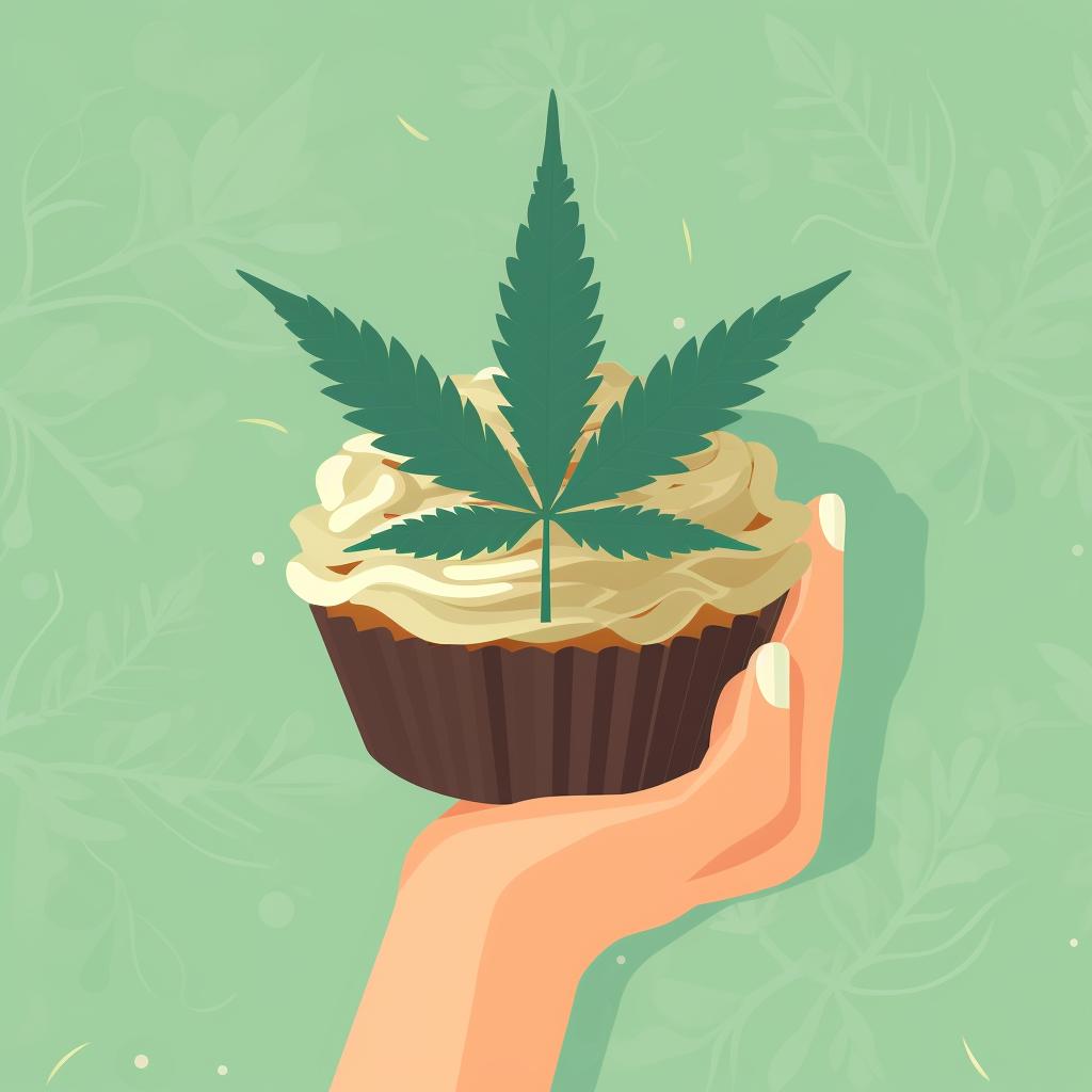 A hand delicately decorating a cupcake with a weed leaf design